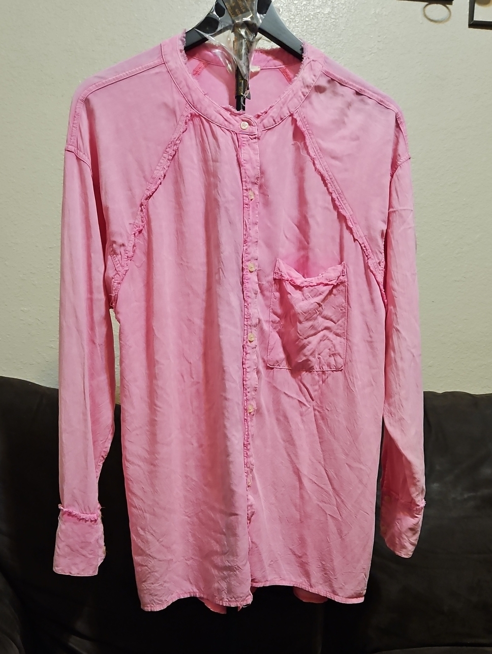easel Pink Long-Sleeve Distressed Button-Down Blouse